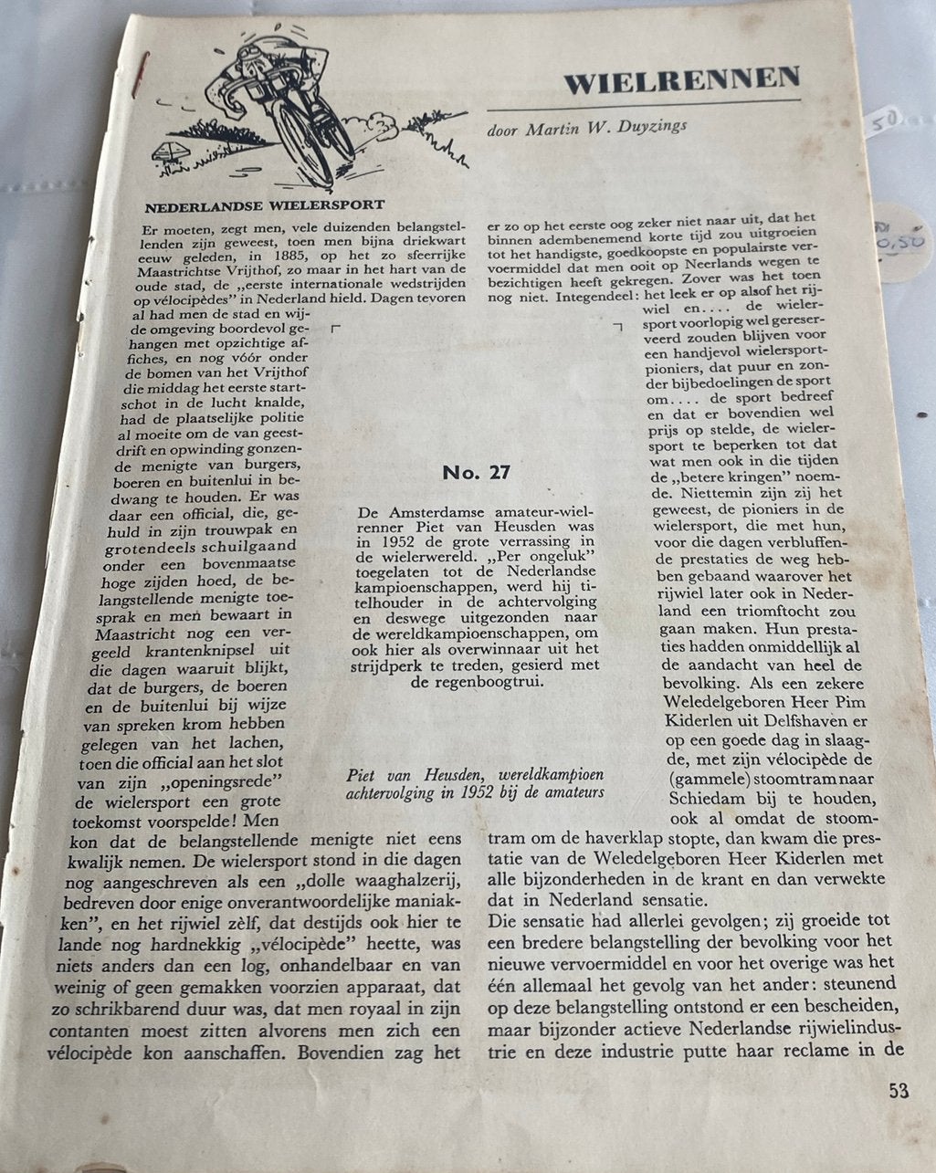 Nederlandse wielersport 50-er jaren, M.W. Duyzings, Ophalen, 1940 tot 1960, Knipsel(s)