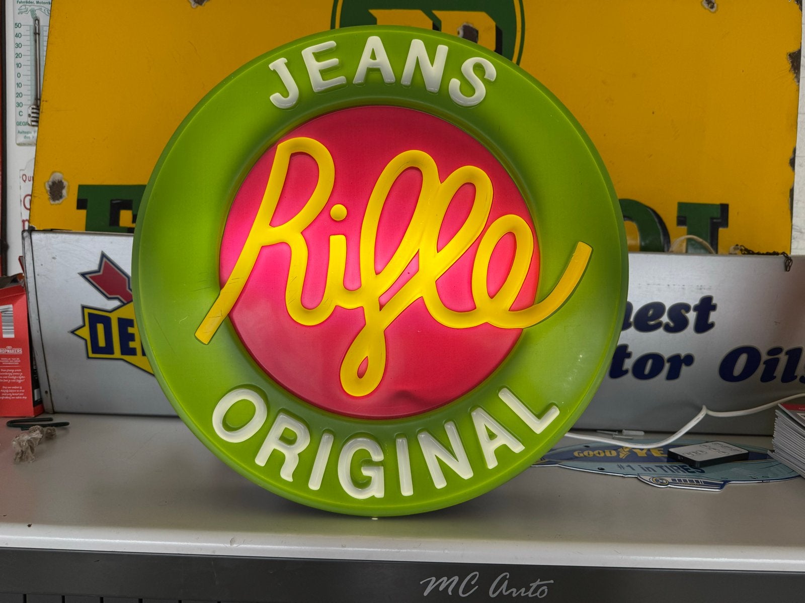 Vintage RIFLE Jeans Origineel Lichtbak Reclamebord, Ophalen, Gebruikt, ., Lichtbak of (neon) lamp
