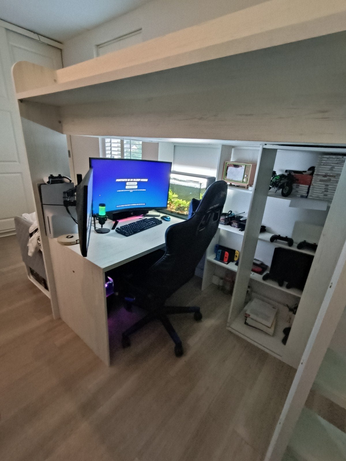 Hoogslaper met bureau en opbergruimte, Ophalen, Eenpersoons, 90 cm, Hoogslaper