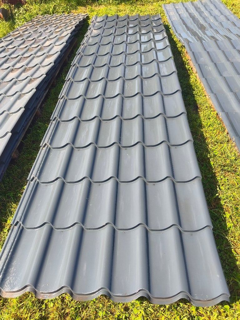 Dakplaten met dakpan profiel, Gebruikt, 15 m² of meer, Metaal, Grijs