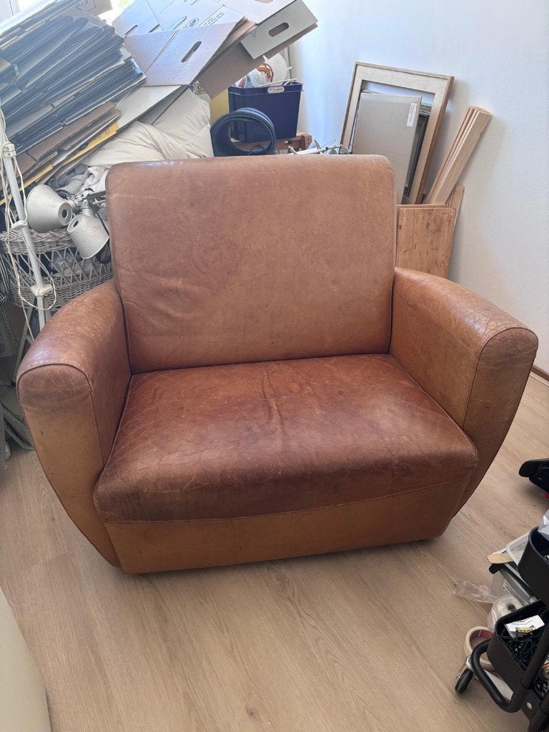 Vintage Leren Zetel, BIEDEN, Huis en Inrichting, Fauteuils, Ophalen, Gebruikt, Minder dan 75 cm, Vintage