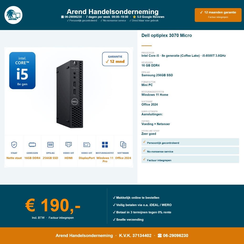 Dell Optiplex 3060 micro i5-8500T 16GB 256GB SSD Office 24, 256 GB, Dell, ., Ophalen of Verzenden