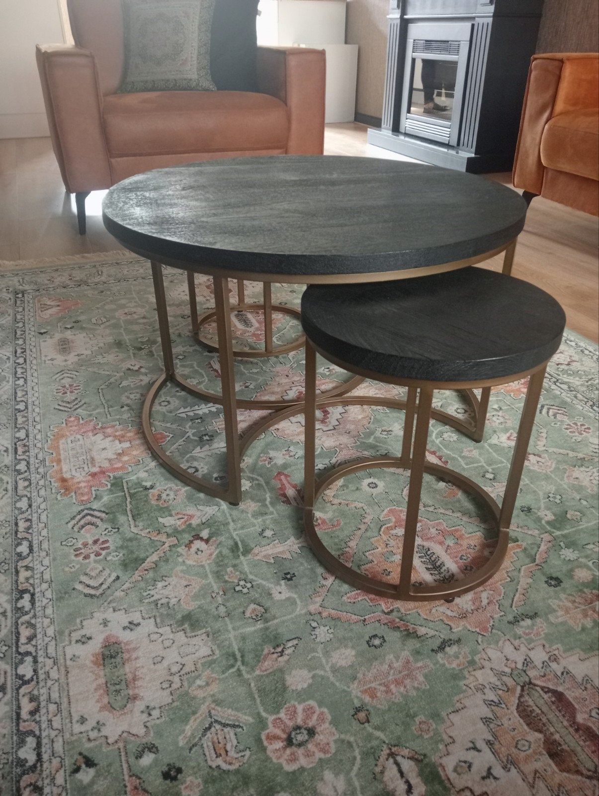 Set van 3 salontafels met mangohout en gouden poten, Gebruikt, 50 tot 100 cm, Rond, 50 tot 100 cm