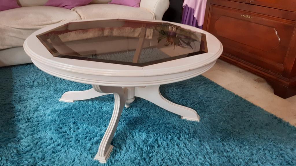 Witte ronde salontafel met glasplaat, 50 tot 100 cm, Rond, Zo goed als nieuw, Kersenhout