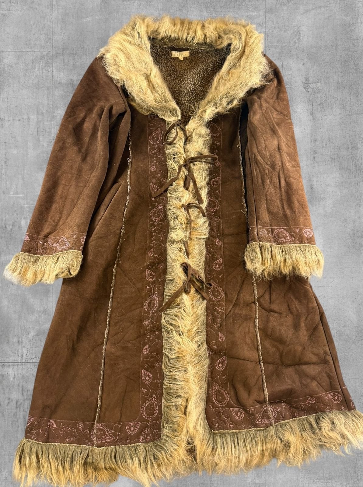 Vintage Dressing Afghaanse jas bruin print dames maat M, Maat 38/40 (M), Bayline Vintage Trading, Bruin, Verzenden