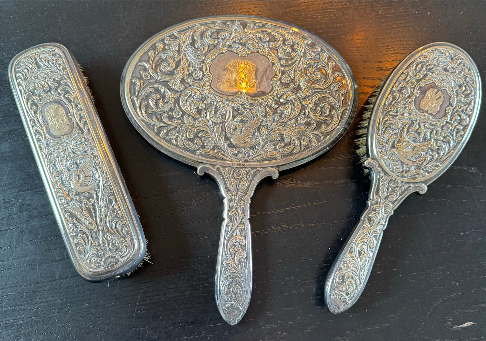 Antiek verzilverde vanity set met kraanvogels Gero G.Nilss, Ophalen of Verzenden