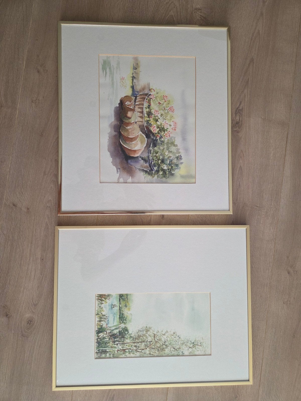 Set van 2 waterverf afbeeldingen in messing lijsten, Ophalen, Landschap, Ingelijst, Papier