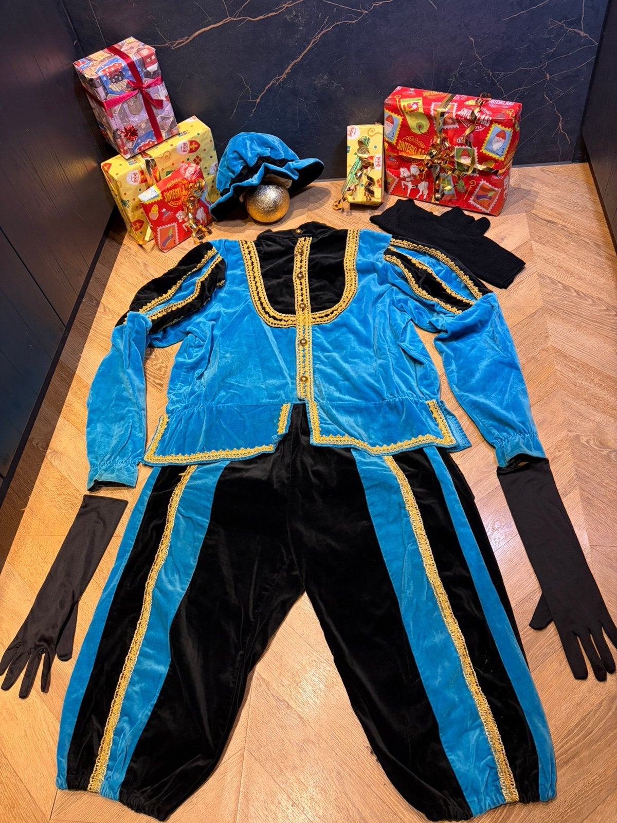 Pietenpak maat xxl blauw zwart luxe velours sinterklaas, Ophalen of Verzenden, Zo goed als nieuw, Overige maten