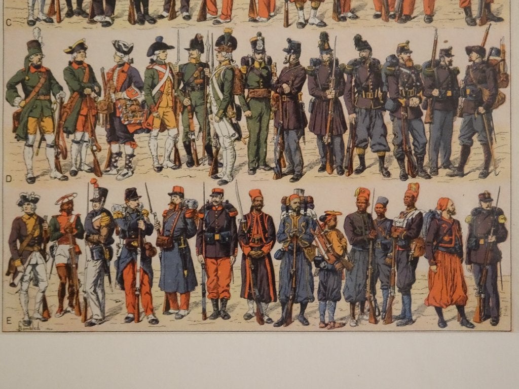 Kleurrijke litho van militairen kleding mode door de eeuwen, Antiek en Kunst, Kunst | Litho's en Zeefdrukken, Origineel, Verzenden