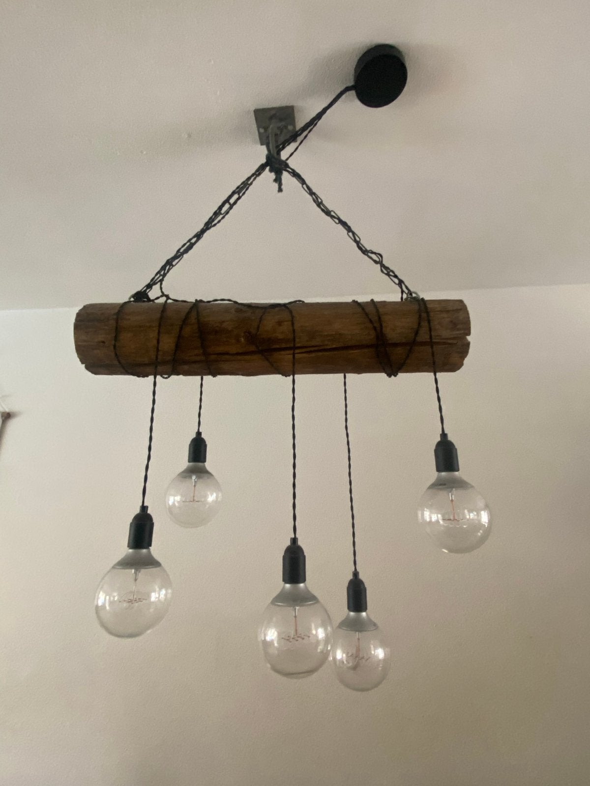 Unieke Houten Balk Hanglamp met 5 Vintage LED Lampen, Ophalen, Zo goed als nieuw, Hout, E27 (groot)