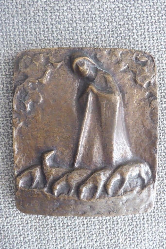 antiek bronzen reliëf met herder en schapen, fraaie patina, Ophalen of Verzenden, Brons