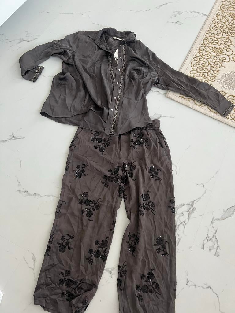 Zara satijnen blouse en broek set met pailletten, Ophalen of Verzenden, Zo goed als nieuw