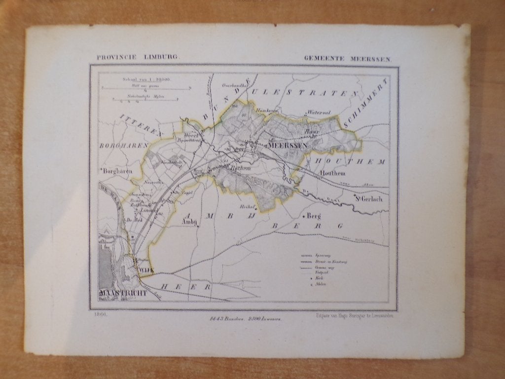 origineel Kuyperkaartje gemeente Meerssen, Limburg, 1866, Gelezen, Ophalen of Verzenden, Landkaart, Jacob Kuyper