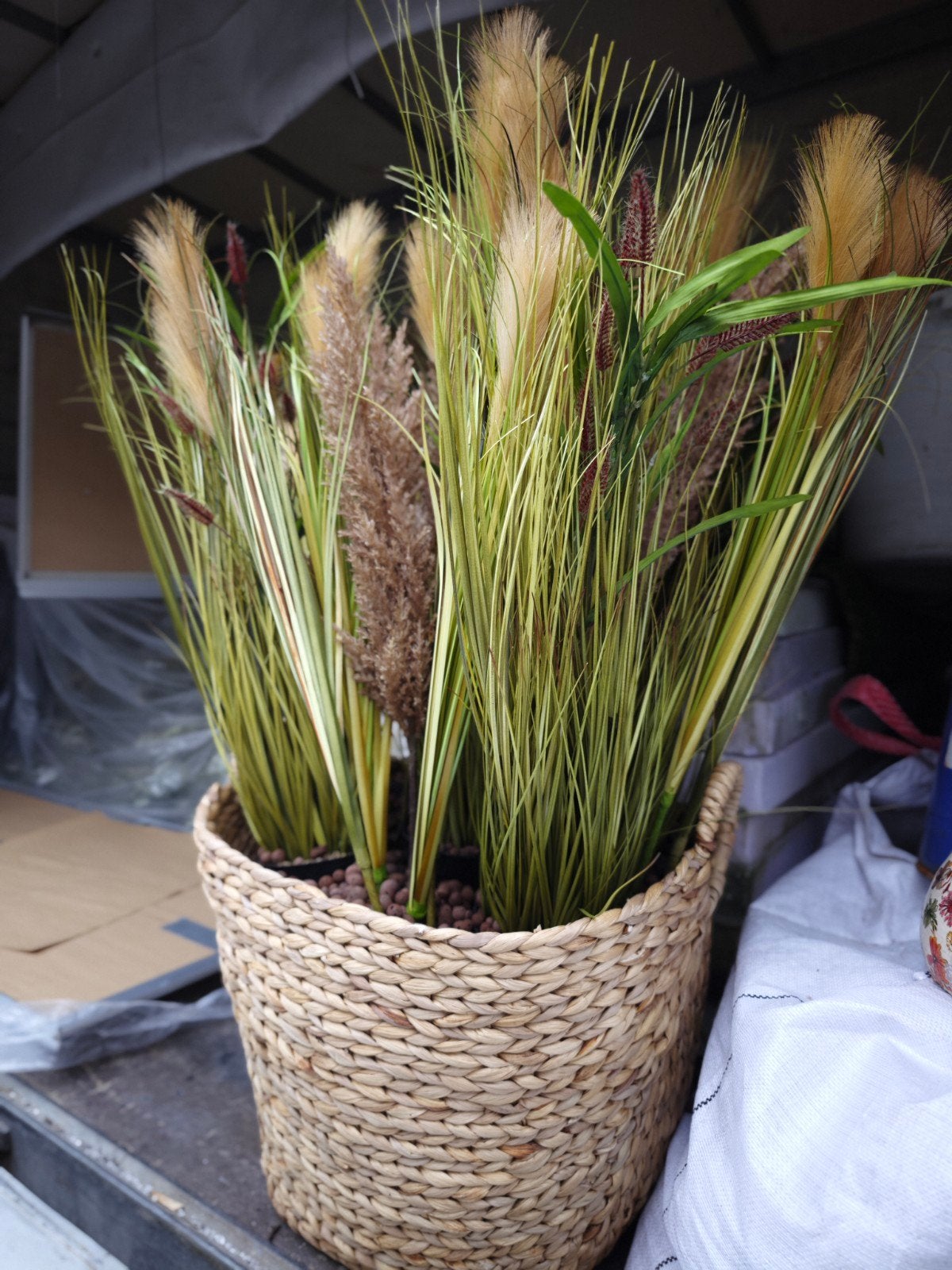 Kunstplanten pluim kunstgras in rieten mand, Ophalen, Onderhoudsvrij, Kunstplant, 90 cm