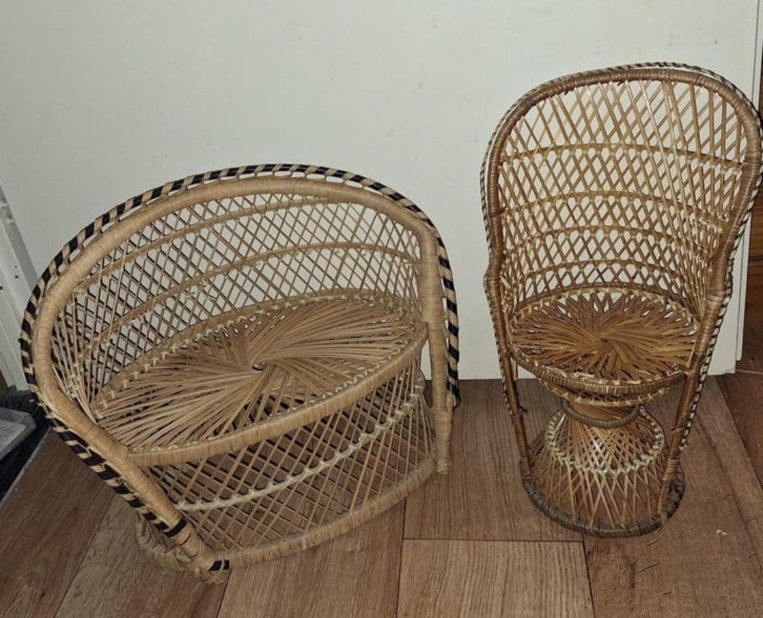 Set van rotan poppenstoeltjes / bankje- vintage look, Ophalen of Verzenden