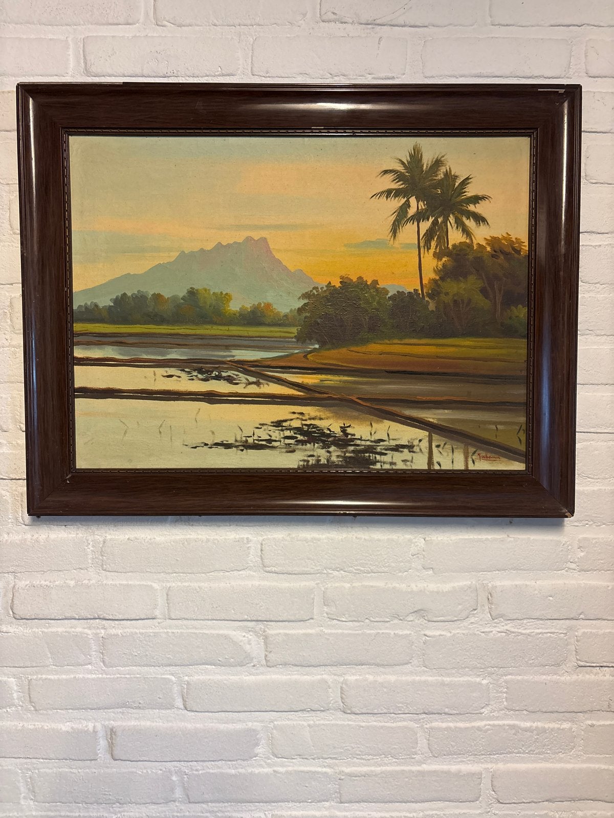 Schilderij Tropisch Landschap met Rijstvelden en Palmbomen, Doek, Realistisch, Ophalen of Verzenden, Gesigneerd