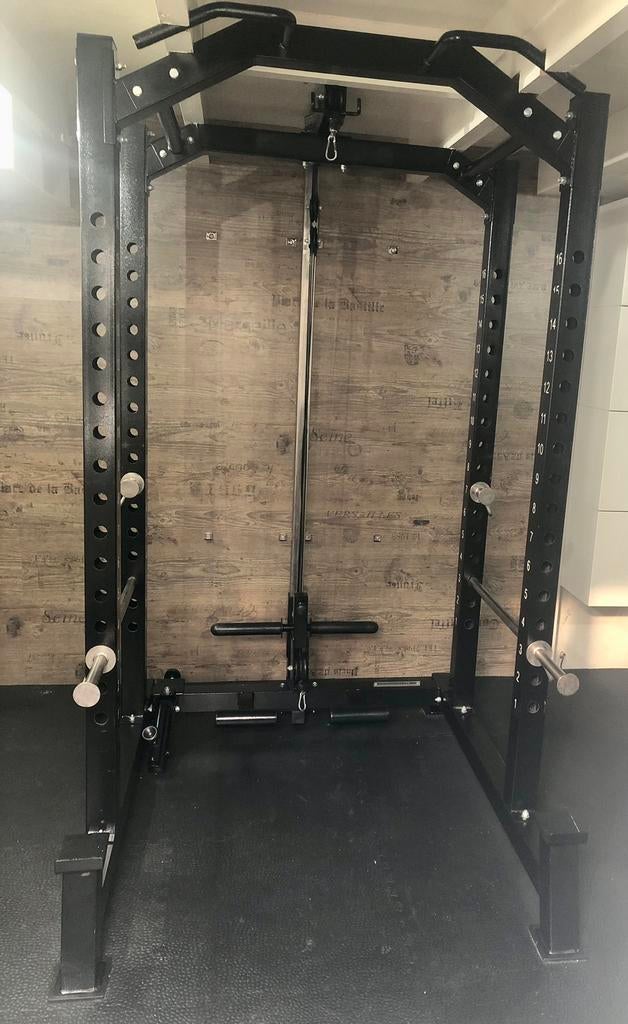 Barbarian power rack + lat pulley + div. grepen + row seat, Sport en Fitness, Fitnessmaterialen, Ophalen, Gebruikt, Benen, Overige typen