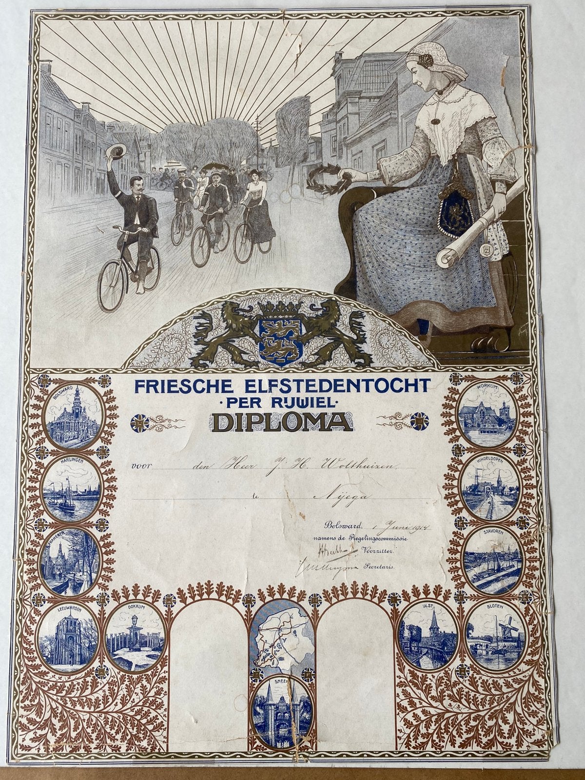 Fiets Friesche Elfstedentocht Diploma 1914 Bolsward, Verzamelen, Ophalen of Verzenden, Zo goed als nieuw