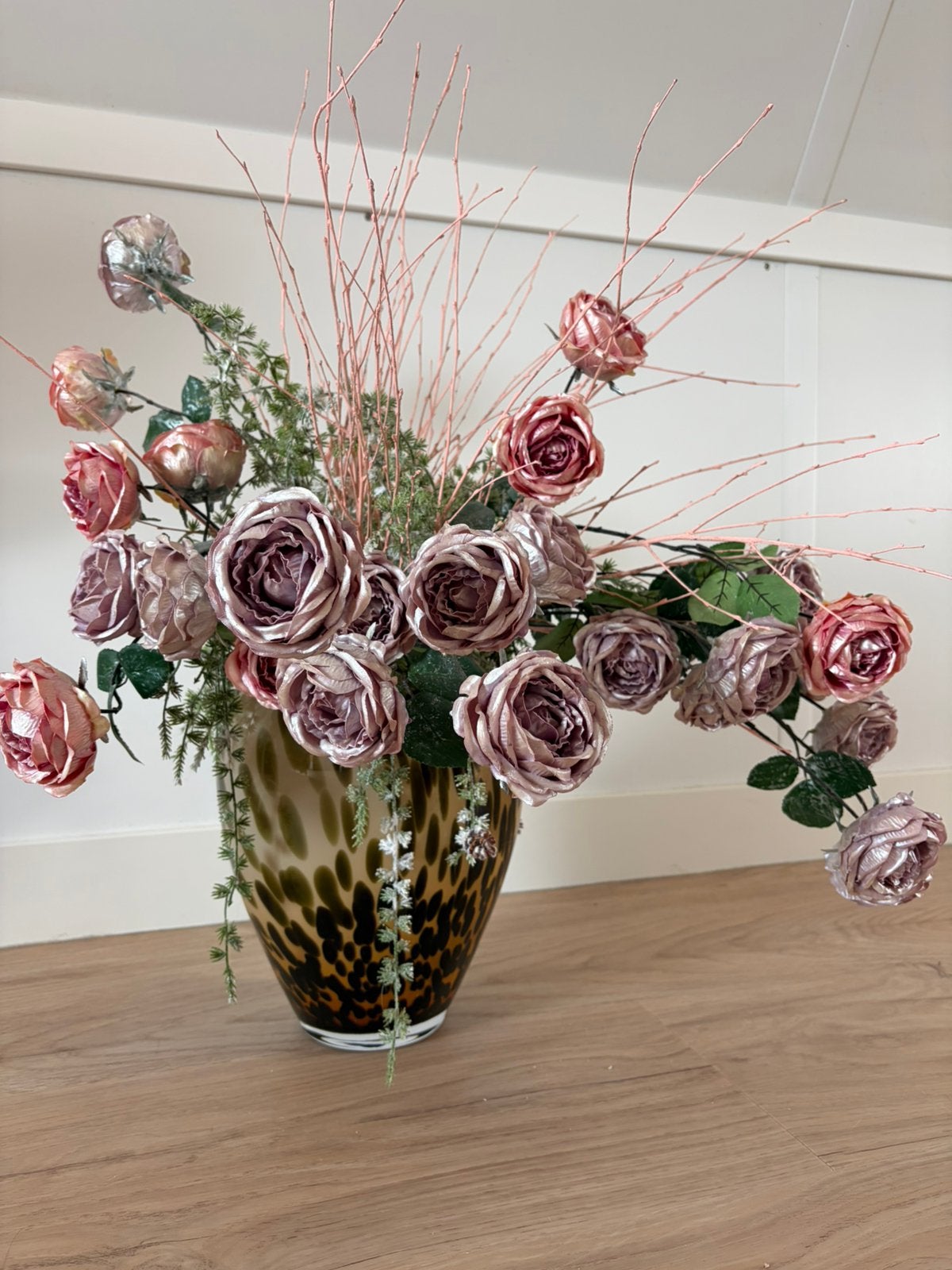 Hoogwaardige parelmoer kunstbloemen incl vaas, Ophalen, Zo goed als nieuw