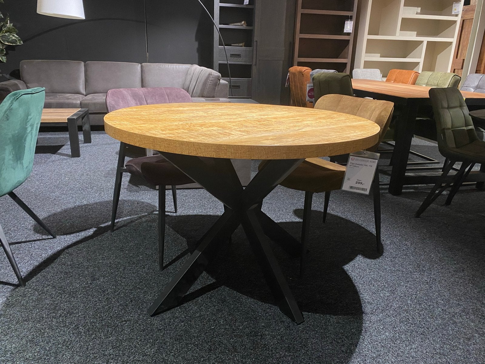 SALE!! Ronde eettafel met stalen poot, 100 tot 150 cm, Rond, Ophalen of Verzenden, Zo goed als nieuw