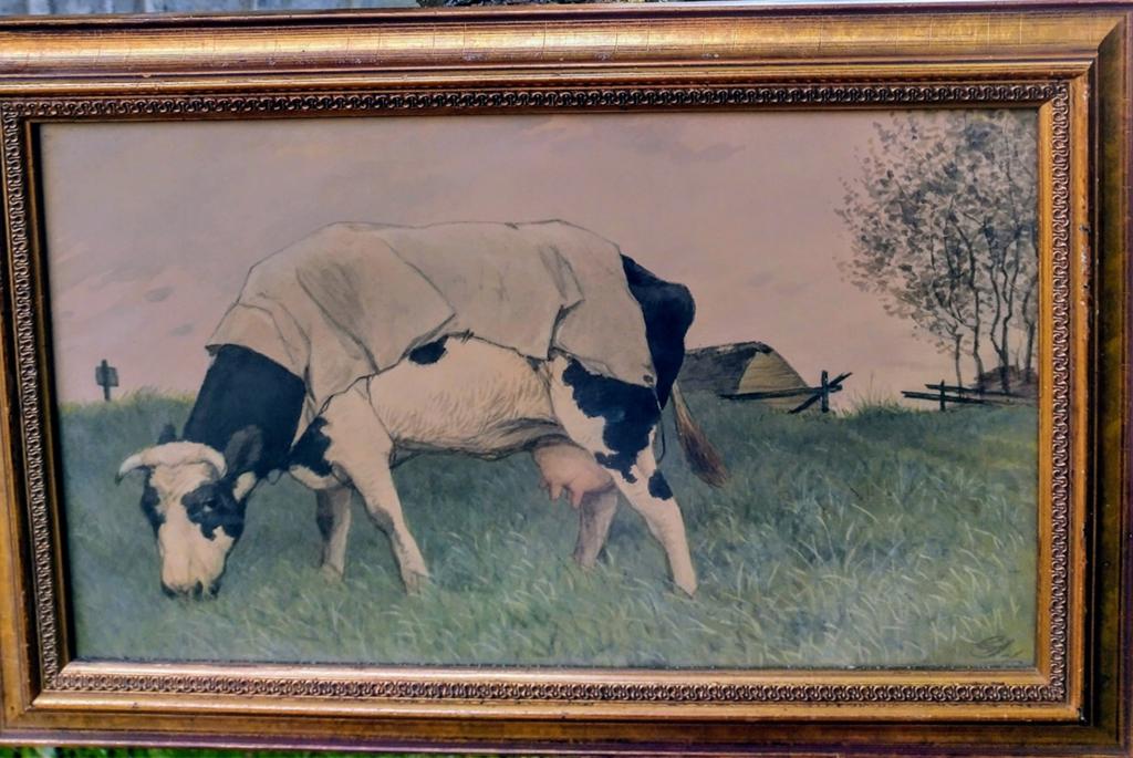 Gesigneerde Aquarel Koe in Landschap - Museumglas, Antiek en Kunst, Ophalen of Verzenden