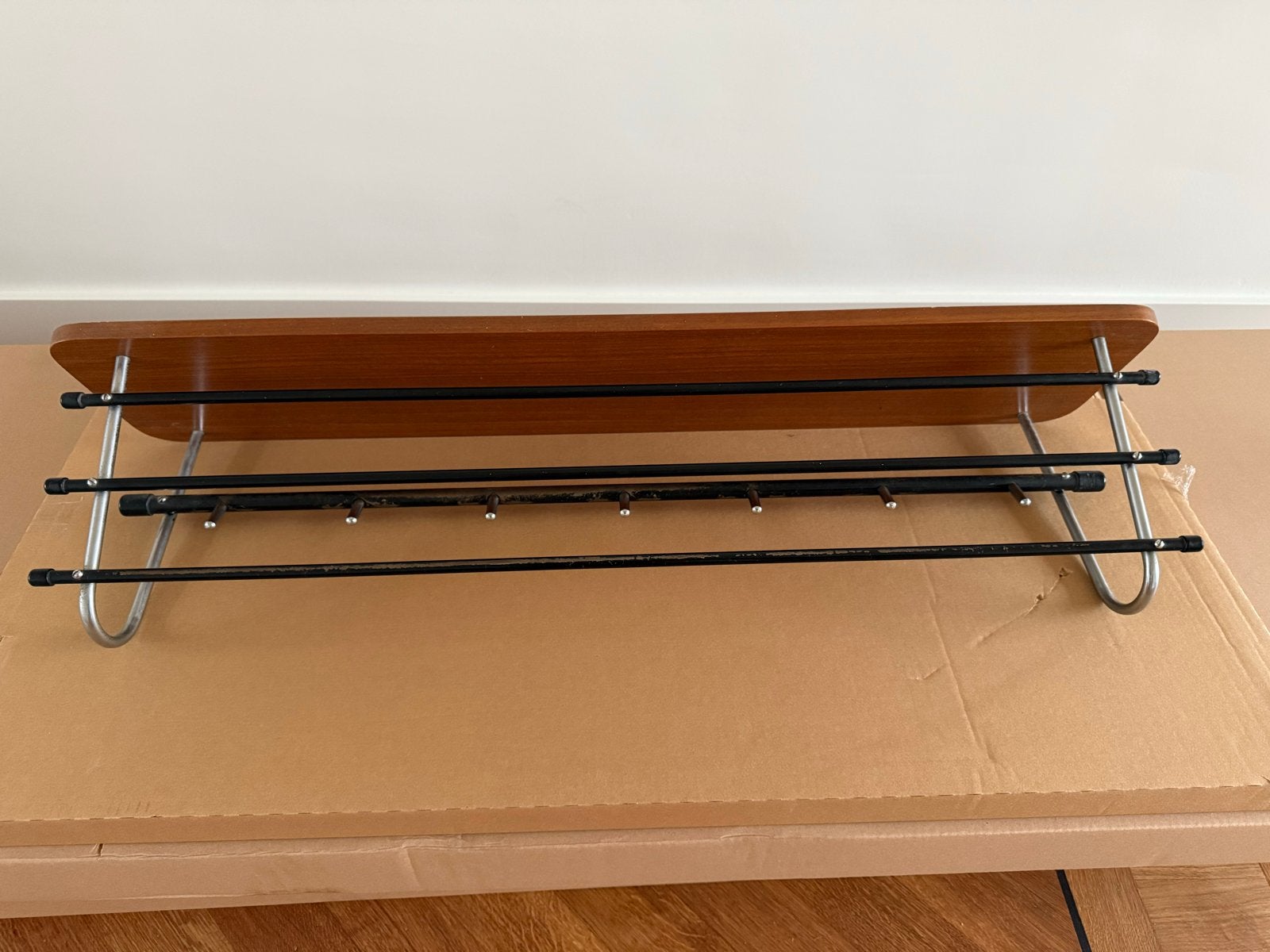 Vintage wandkapstok met hoedenplank en haken, Gebruikt, Minder dan 100 cm, Hout, Ophalen