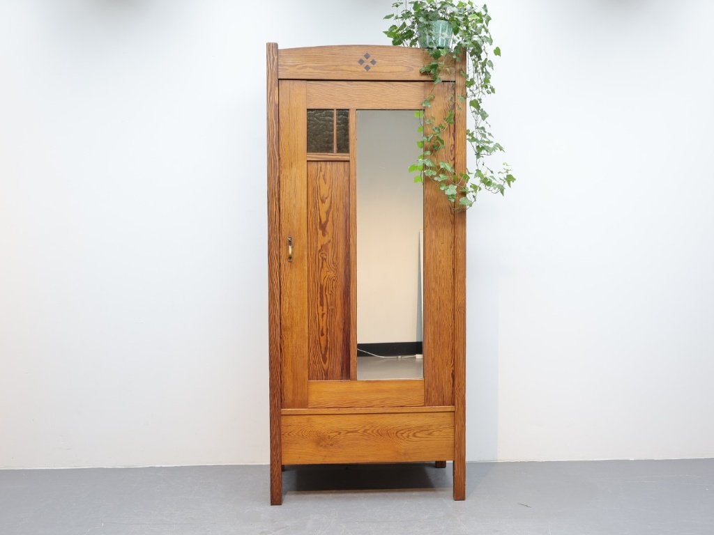 Antieke eiken kledingkast met spiegeldeur, Met deur(en), Gebruikt, Eikenhout, 50 tot 100 cm