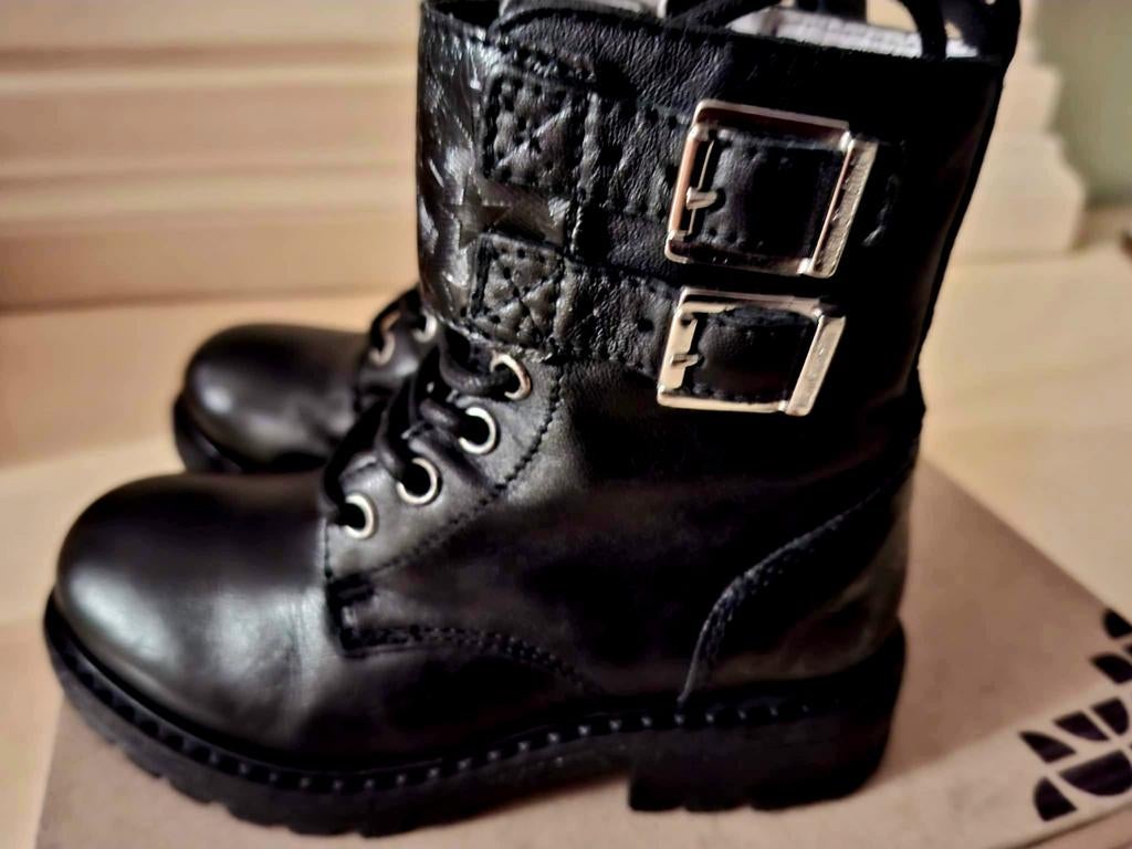 Zwarte echt leren biker boots met gespen - Maat 28, Ophalen of Verzenden, Zo goed als nieuw, Meisje