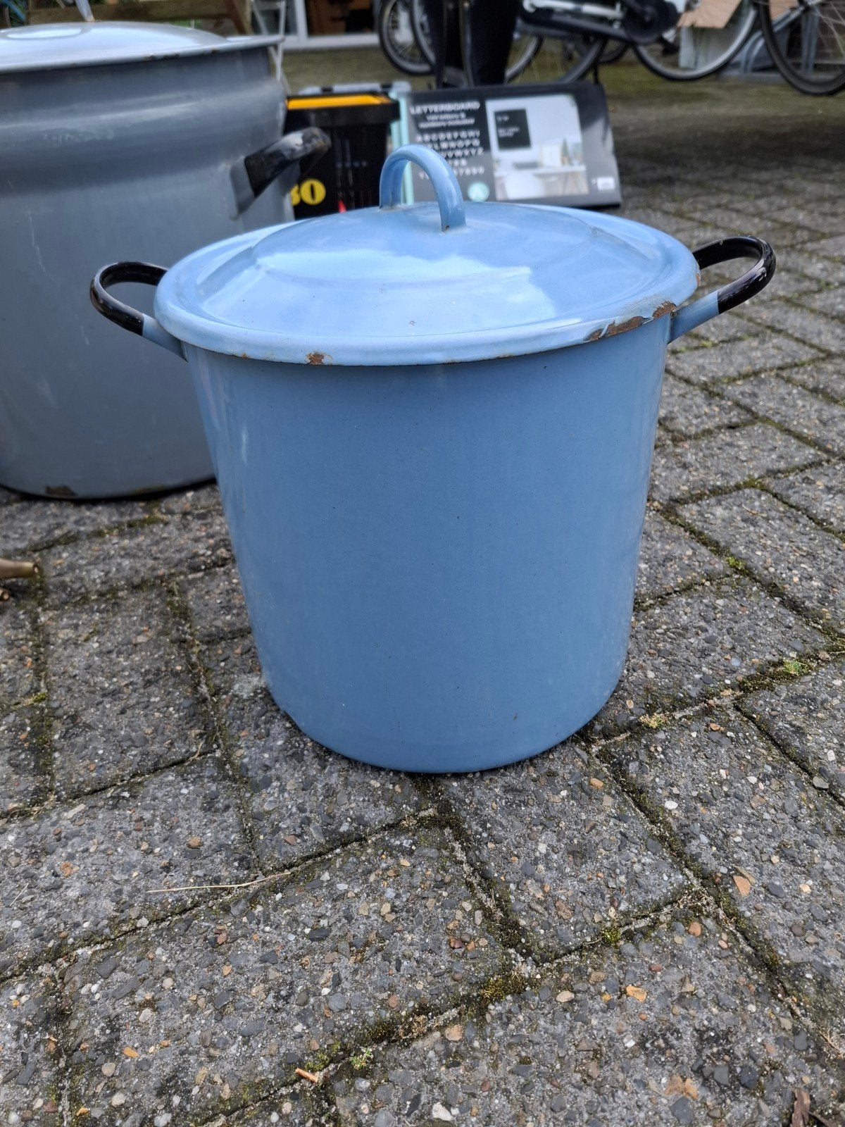 Vintage blauwe emaille pan - decoratief, Ophalen of Verzenden