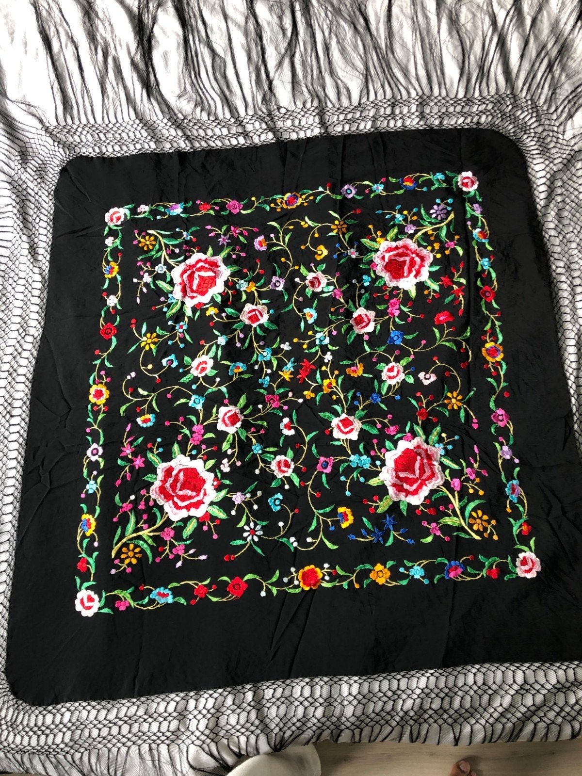 Originele Mantón de Manila Shawl Zwart - Handgeborduurd - Vi, Verzenden, Maat 46/48 (XL) of groter, Zo goed als nieuw, Manton de manila