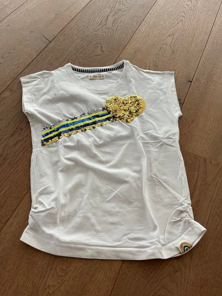 Topitm Wit T-shirt met pailletten hart en strepen mt 146, Ophalen of Verzenden, Gebruikt, Meisje, Shirt of Longsleeve