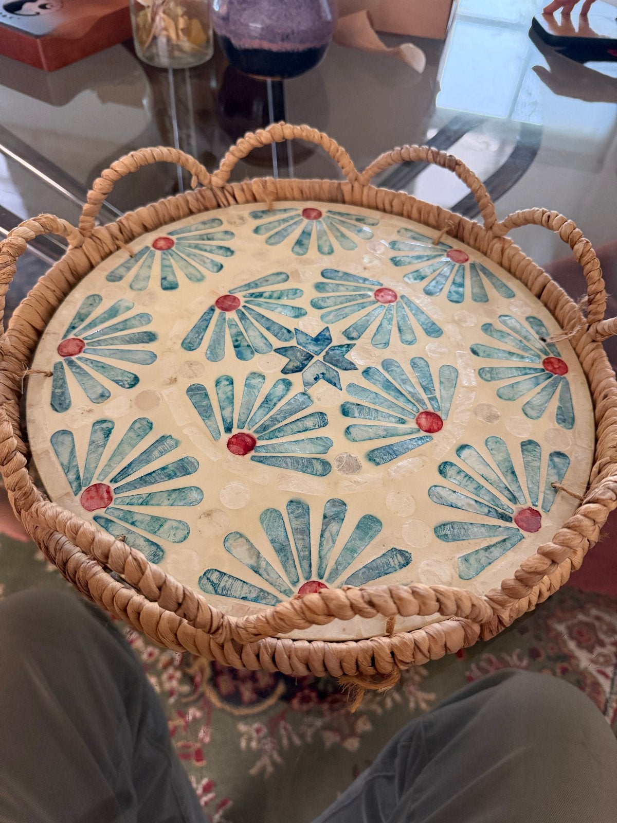 Decoratief Dienblad met Mozaïek en Riet, Gebruikt, Gevlochten, Rond, Ophalen of Verzenden