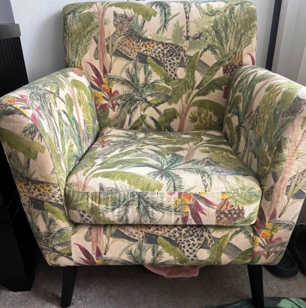 Set van 2 jungle fauteuils met panterprint (maandag ophalen, Ophalen, 75 tot 100 cm, Zo goed als nieuw, Stof