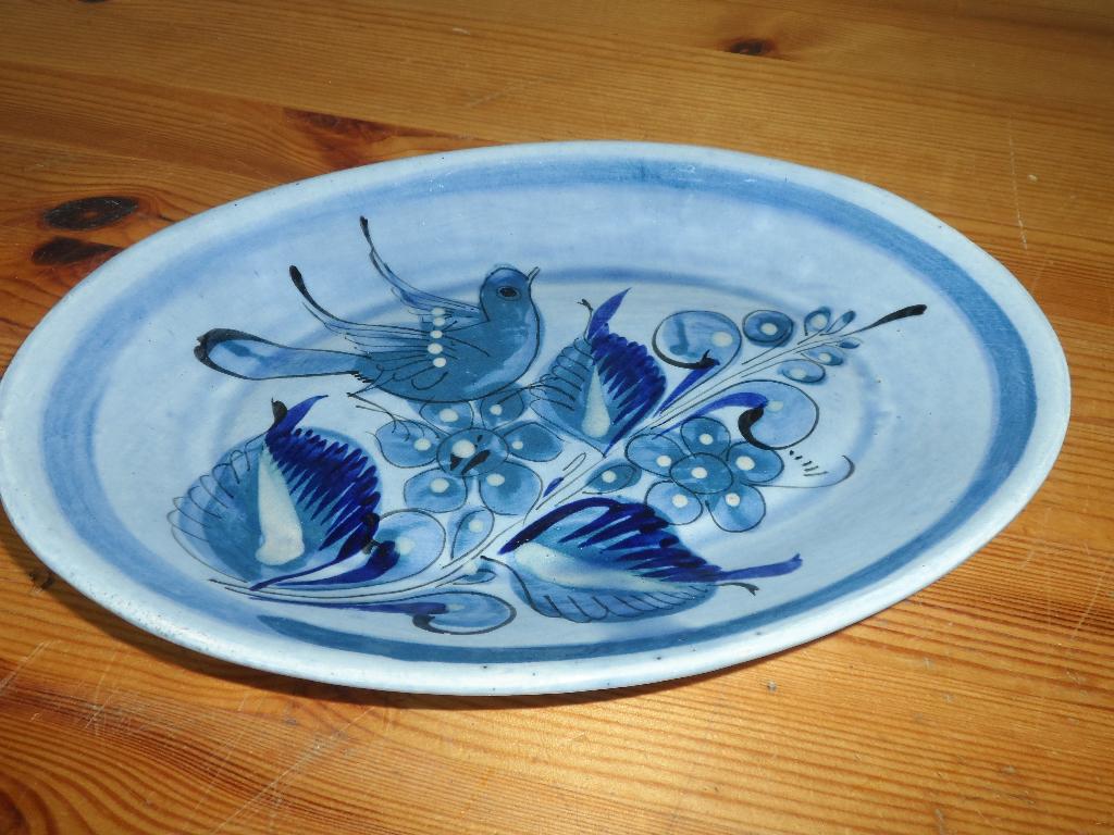 Ovale blauwe schaal met vogel, Ophalen of Verzenden