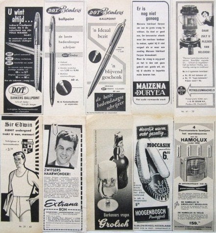 150+ advertenties reclames uit 1956 - 1958 - Deel 1, Ophalen of Verzenden, Gebruikt, Overige typen