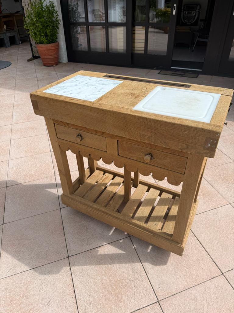 Antieke trolley met 2 lades en messen gleuf, Ophalen