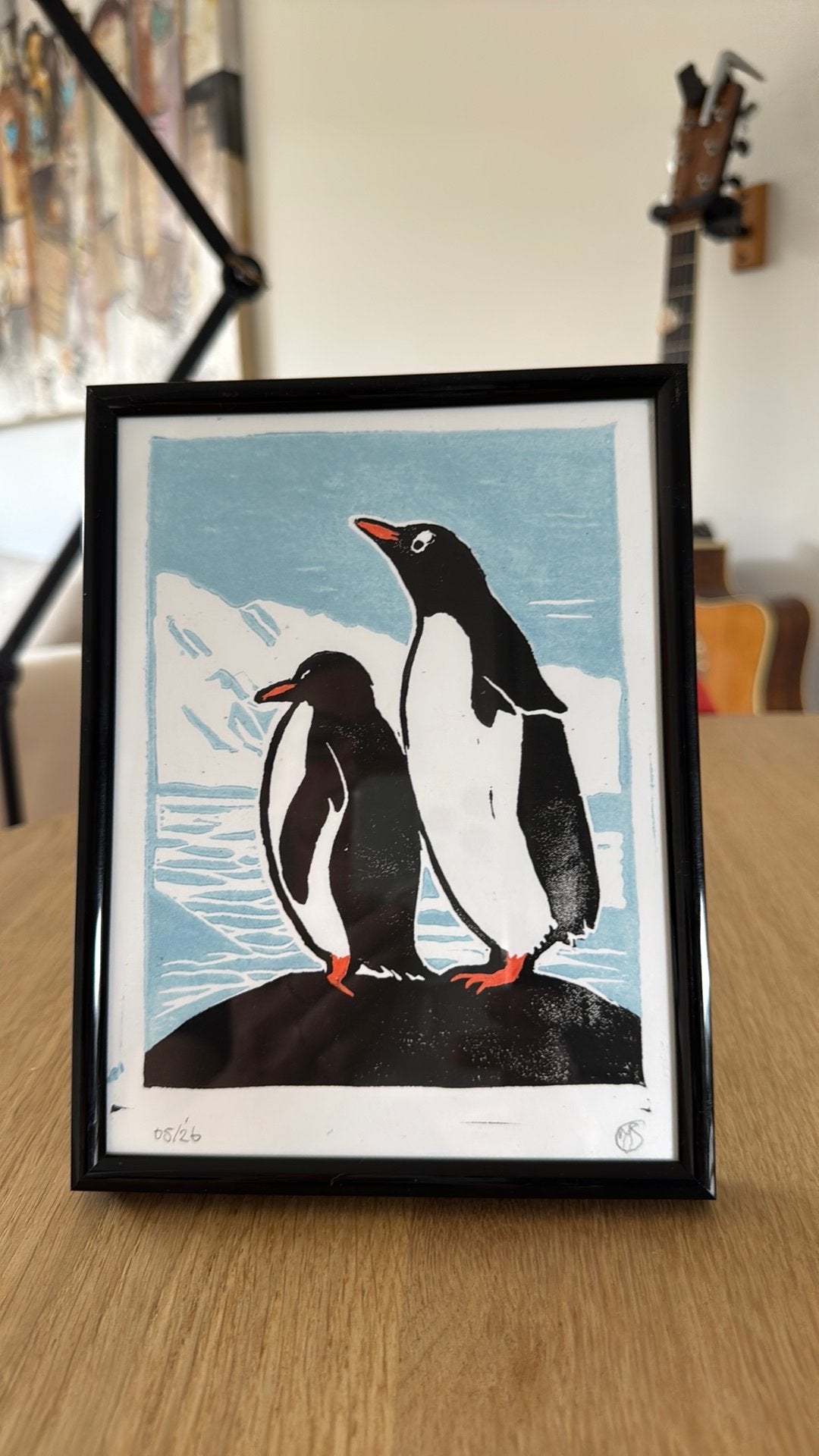 Pinguïns lino afdruk in pijst, Antiek en Kunst, Kunst | Litho's en Zeefdrukken, Ophalen of Verzenden
