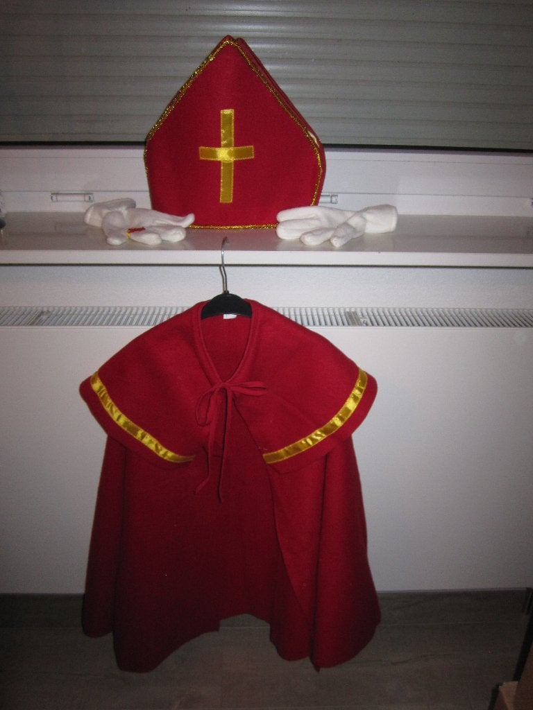 4-Delig Sinterklaaspak mantel-mijter-handschoenen en baard., Ophalen of Verzenden, Zo goed als nieuw, 104 of kleiner, Jongen of Meisje