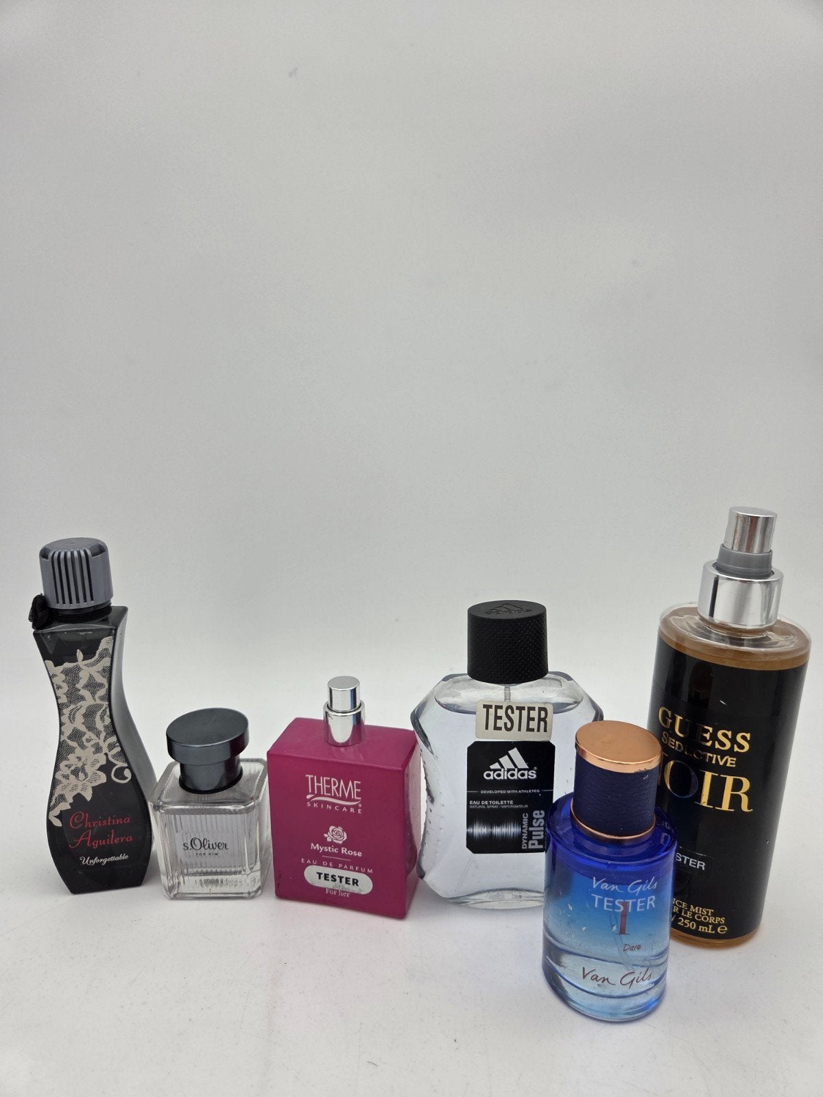 50 Parfums van diverse merken, Gebruikt, Niet van toepassing voor een verzameling van diverse merken, Diverse merken zoals Christina Aguilera, s.Oliver, Therme, Adidas, Guess, Van Gils