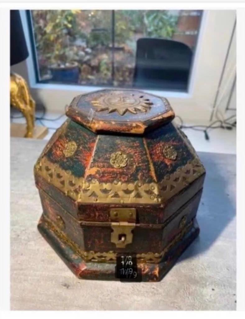 Brocante 8-hoekige houten kist India 17,5 x 17,5 cm, Minder dan 50 cm, 50 tot 100 cm, Ophalen of Verzenden, Zo goed als nieuw