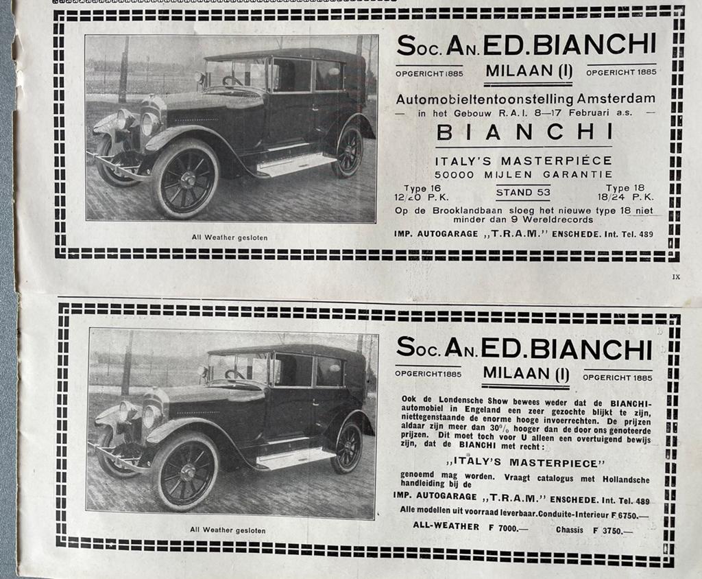 2 verschillende advertenties met Bianchi uit 1924, Ophalen of Verzenden, Gelezen, Overige merken
