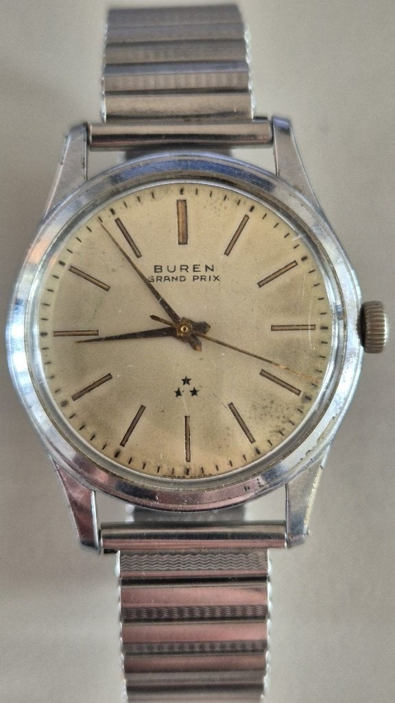Buren Grand Prix vintage handopwinder herenhorloge, Overige merken, Staal, Met bandje, Polshorloge