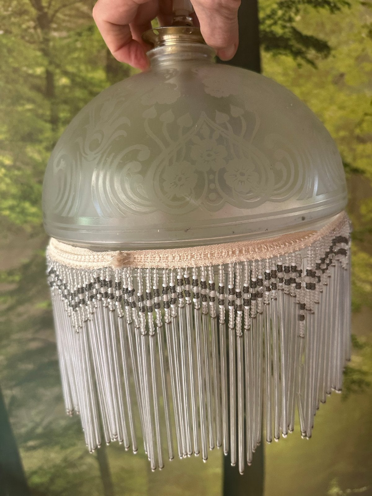 Set van 2 Vintage Kralen Hanglampen - Melkglas met Bloemmoti, Ophalen