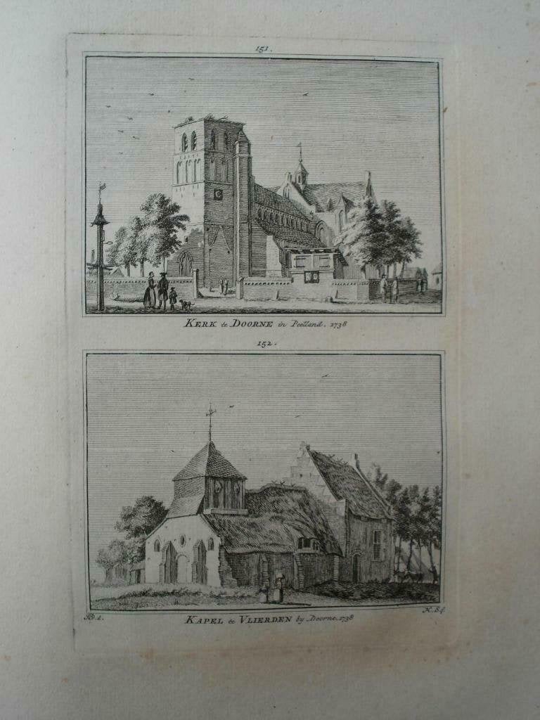 151-152 / Doorne /Vlierden / Kerk en Kapel Kopergravure 1746, Antiek en Kunst, Ophalen of Verzenden