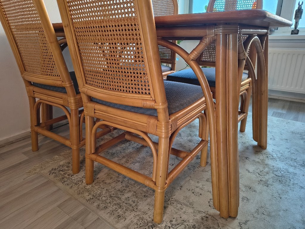 Vintage Rotan / Manou Eethoek – Boho & Webbing (compleet), Gebruikt, Ophalen of Verzenden, 4 tot 6 stoelen, Onbekend