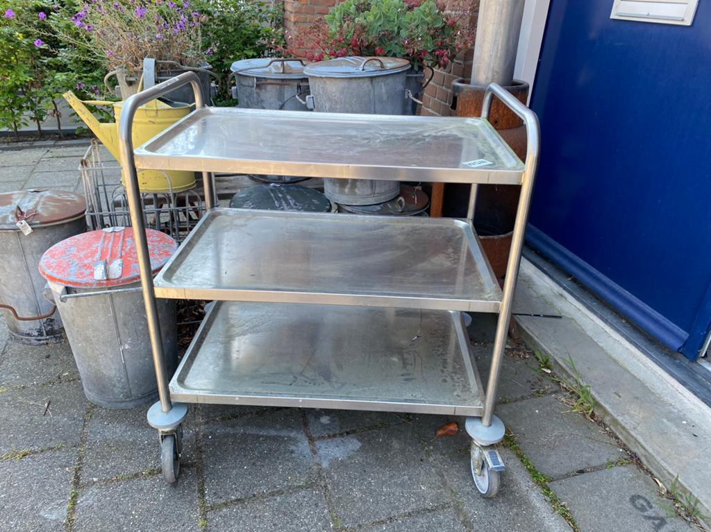 Rvs serveerwagen met drie bladen, Ophalen, Transportkar, 100 liter of meer, Zo goed als nieuw
