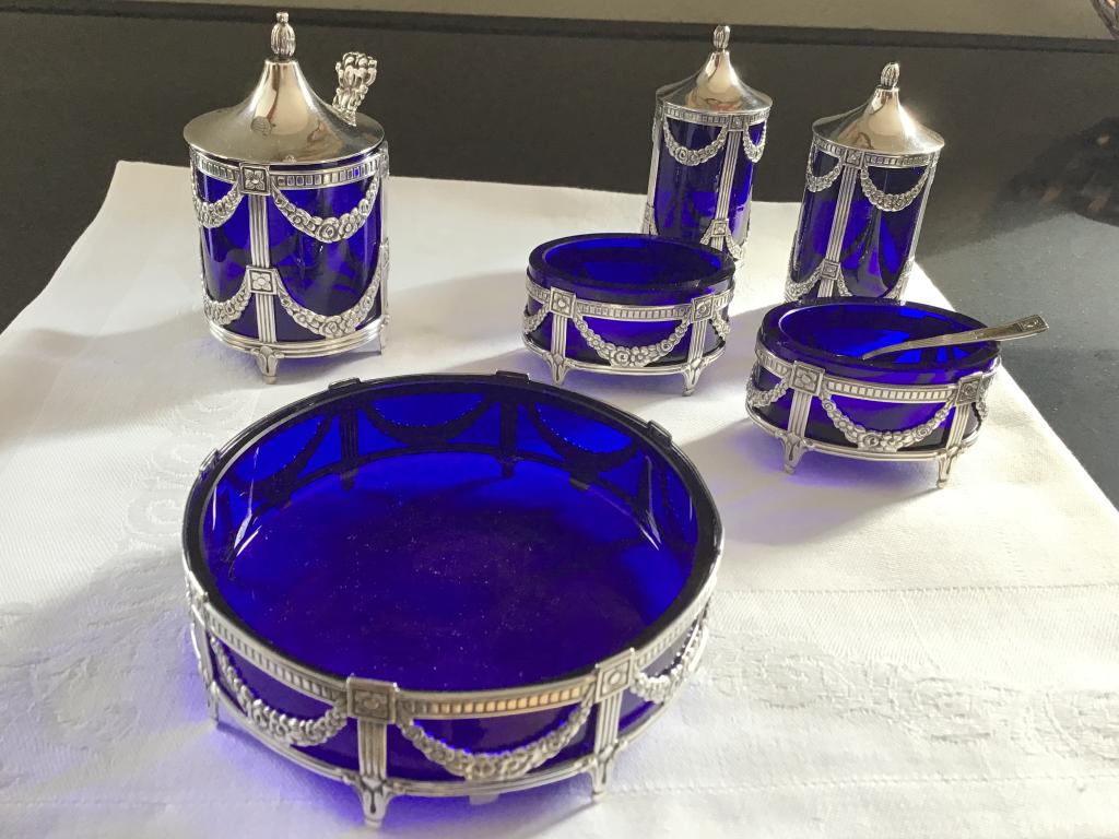 Zilveren peper-zout-mosterd uitgebreide set met kobalt glas, Ophalen of Verzenden