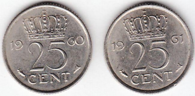 Nederland 25 cent 1960 en 1961 Juliana beide UNC, Postzegels en Munten, Munten | Nederland, Ophalen of Verzenden, Koningin Juliana