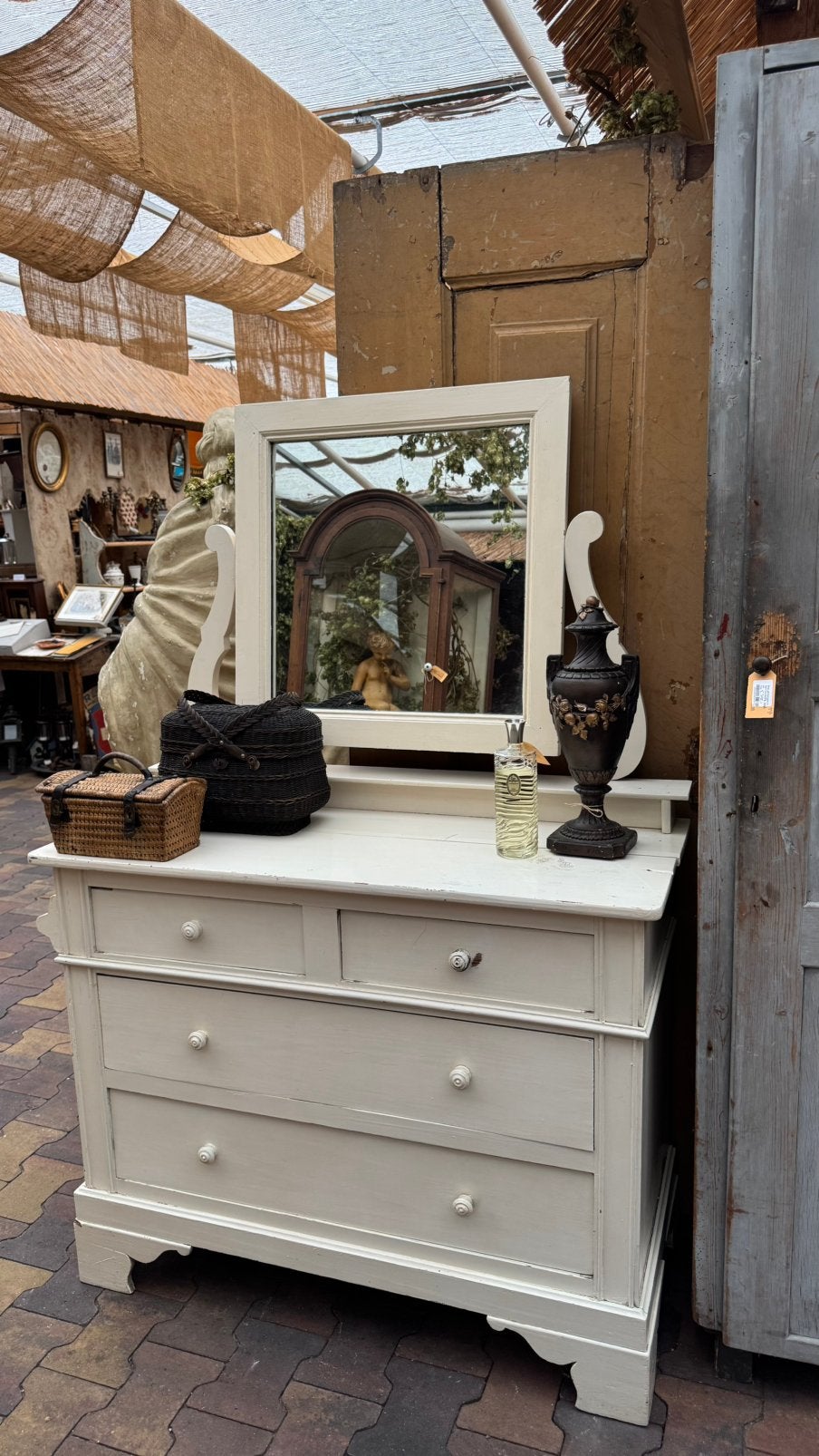 SALE kaptafel, grenenhout, spiegel, lades, oud-wit, Huis en Inrichting, Frans Landelijk, Zo goed als nieuw, Nvt, Minder dan 100 cm