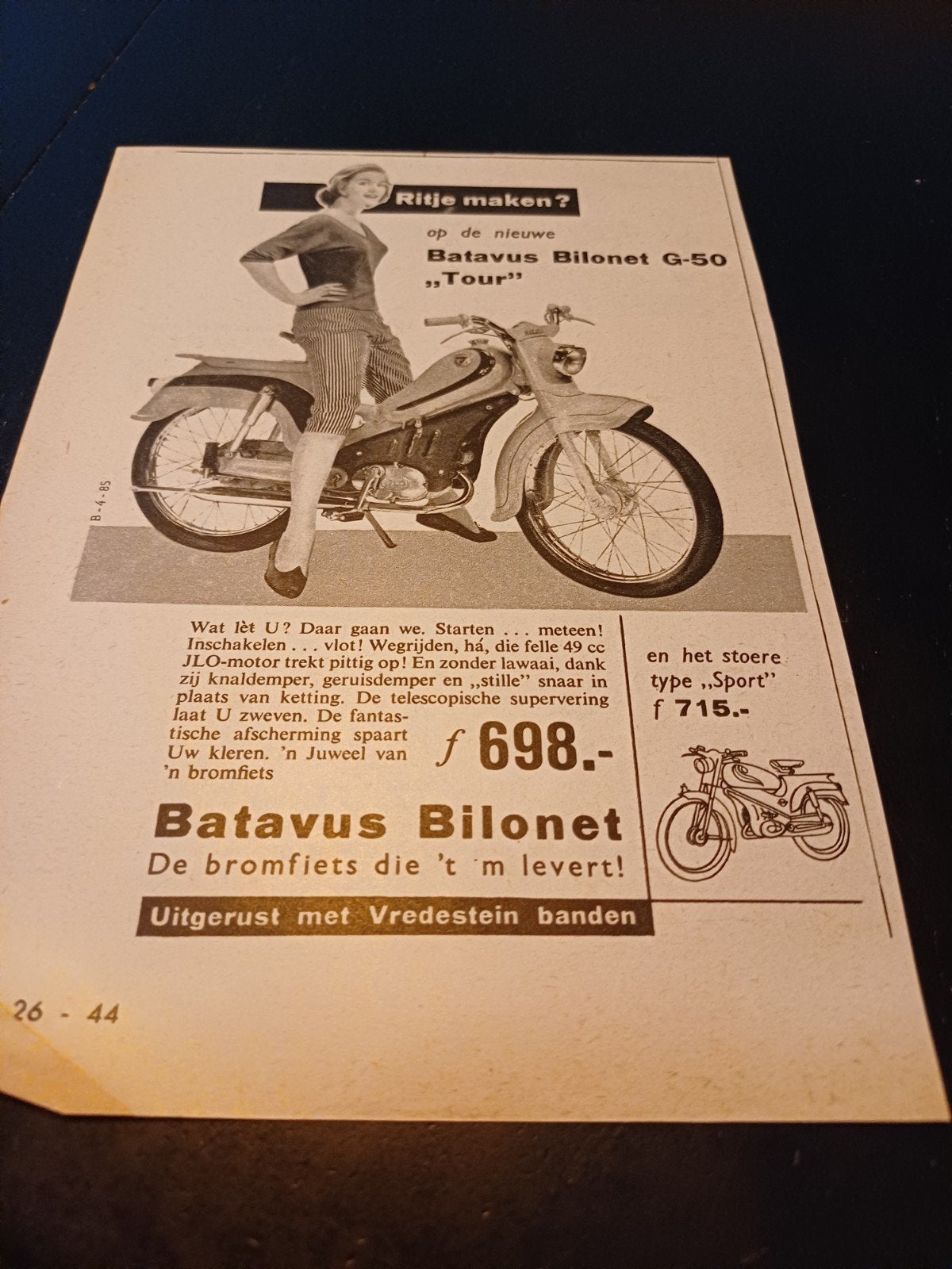 advertentie Batavus bilonet bromfiets G 50 tour 1957, Ophalen of Verzenden, Zo goed als nieuw, Overige typen